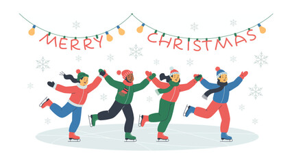 Fototapeta premium Festive Ice Skating: A group of friends glide across the ice, a joyful spectacle of winter fun under twinkling lights, celebrating the spirit of Christmas.