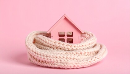 Small pink model house nestled inside a thick knitted pink scarf, set against a monochromatic pink background; evokes warmth, comfort, and protection.