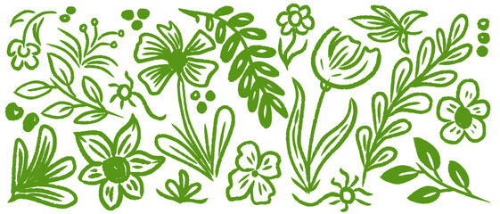 Hand drawn abstract green floral doodles vector set. Vector simple flower, leaf ink stroke. Vector illustration