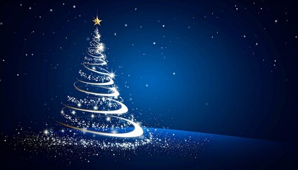 Elegant Christmas tree decorated with spiraling golden ribbons, blue and gold ornaments, and a glowing star topper; set against a dark blue background with sparkles and faint tree silhouettes evoking 