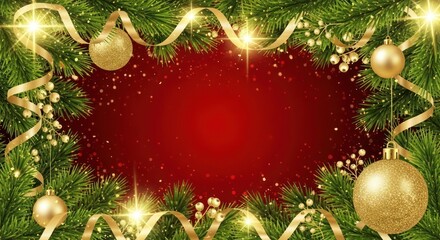 Festive Christmas frame with glowing golden ornaments, shimmering ribbons, and evergreen branches against a deep red background.