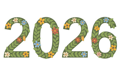 2026 Floral Numbers Design &ndash; Leafy Pattern with Colorful Flowers on Transparent Background
