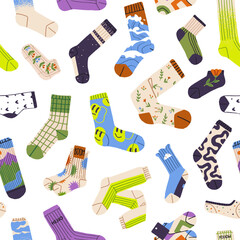 Repeatable pattern of one and pair of socks with different prints. Endless background of various stockings, cotton and woolen hosiery. Stylish winter foot clothes. Flat seamless vector illustration