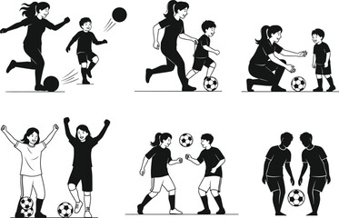 Soccer silhouettes of children and adults, black and white illustration, teamwork, training, playful interaction, sports bonding, family activity, motion