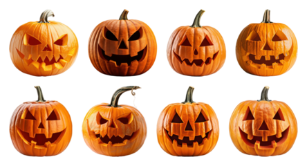 PNG Carved pumpkins with spooky faces, element set on transparent background