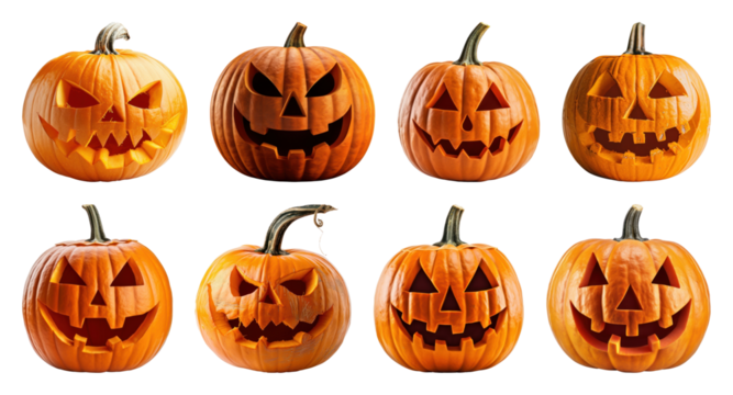 PNG Carved pumpkins with spooky faces, element set on transparent background