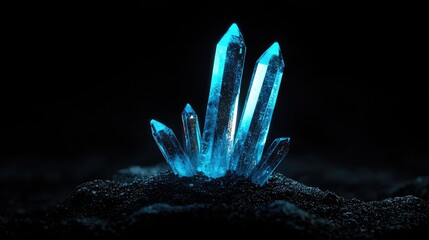 Illuminated blue crystals clustered in dark earth.