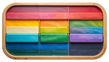 Rectangular wooden tray displaying a rainbow array of colorful wax blocks