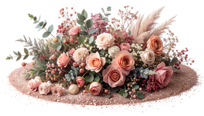 Lush floral arrangement of roses and greenery atop a textured pink surface