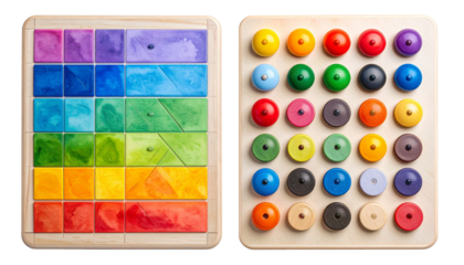 Wooden educational toys displaying color gradients and pegs