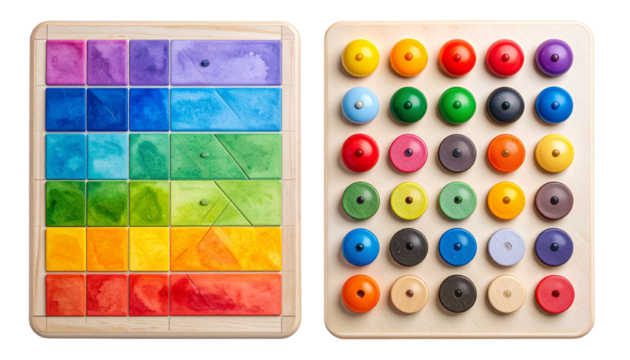 Wooden educational toys displaying color gradients and pegs