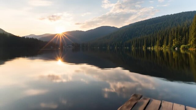 Serene lakeside wooden dock at sunrise with mountains and forest reflection on calm water