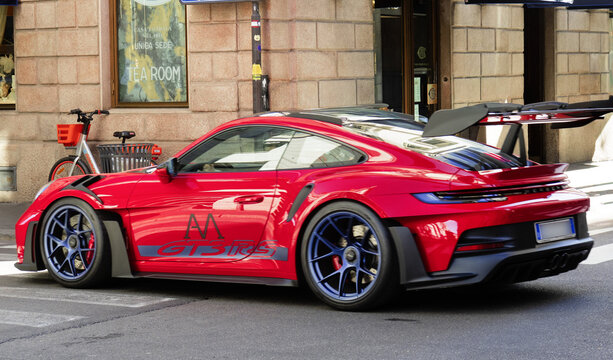 Red Porsche 911 GT3 RS, a super sports car approved for road use.Milan - Italy,25 October 2025