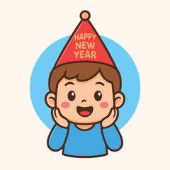 Happy New Year celebration, flate vector logo illustration of a child wearing a festive hat