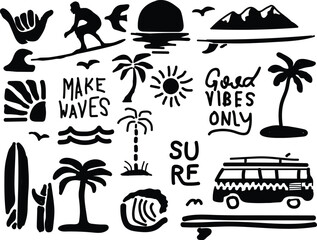 A tropical beach and surf-themed vector set with palm trees, waves, surfboards, a van, flamingos, and ocean elements with quotes, in a bold graphic style. Perfect for t-shirt prints, posters, stickers