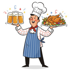 Celebrating chef holding beer and big dish for company. Chef with turkey and drinks. Feast serving master, holiday cook vector illustration. Merry culinary artist