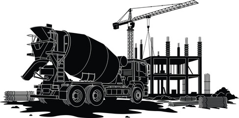 Obraz premium Construction site with concrete mixer truck and crane, construction, building, site, concrete mixer truck, crane, tower crane, building under construction, rebar, steel bars, concrete pillars, constru