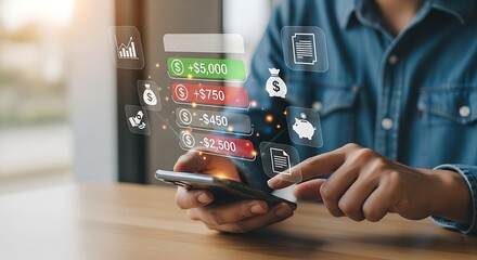 Man using smartphone with augmented reality overlay of health and medical icons representing digital health and telemedicine services