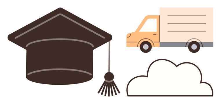 Graduation cap, delivery truck, and cloud conveying themes of education, career transition, success, growth, mobility, freedom and innovation. Ideal for education logistics career planning - Powered by Adobe