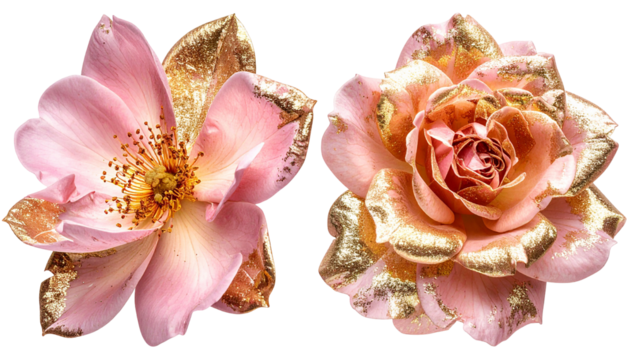 Two delicate roses, blush pink with gold accents, set against a black backdrop