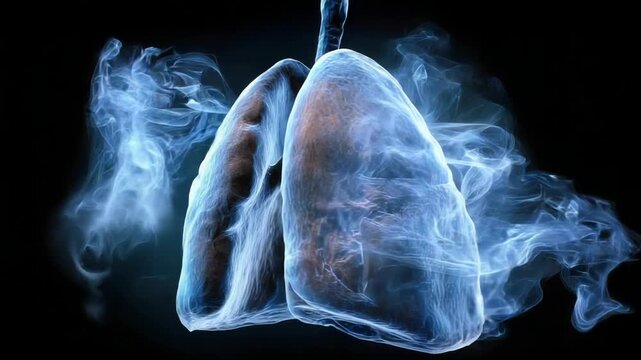 Abstract 3D Rendered Human Lungs Emanating Blue Smoke Against a Dark Background Showing Internal Vein Structure and Respiration Process