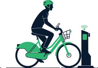 Person riding bicycle near bike share station with wifi signal, bicycle, bike, cycling, rider, person, helmet, phone, basket, station, dock, wifi, signal, wireless, technology, urban, transportation, 