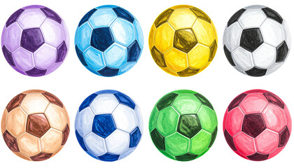 Eight colorful soccer balls, each with a different hue, arranged in two rows