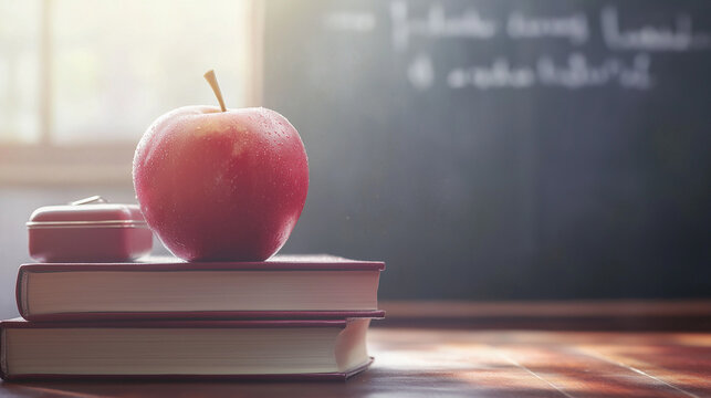 Red apple on stacked books in sunlit classroom with chalkboard