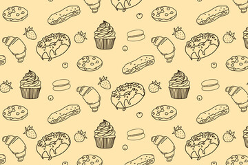 Delightful vector illustration featuring a playful pattern of cupcakes, donuts, croissants, and strawberries set against a light background, perfect for confectionery designs.