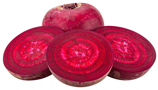 Vibrant red beets, one whole, three slices showing concentric rings - Powered by Adobe