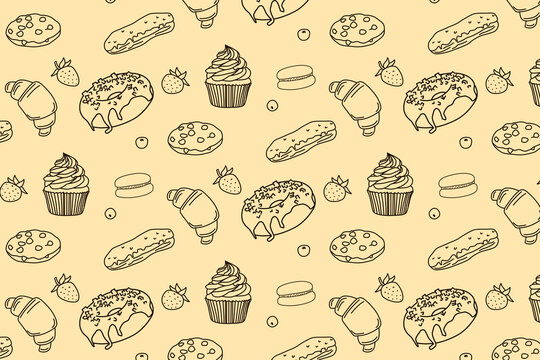Delightful vector illustration featuring a playful pattern of cupcakes, donuts, croissants, and strawberries set against a light background, perfect for confectionery designs.