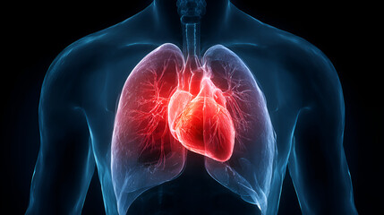 Human anatomy diagram shows lungs and heart highlighted in red.