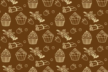 Hand-drawn vector illustration featuring cupcakes, vanilla, cinnamon, and strawberries in a seamless pattern. The design is ideal for backgrounds, textiles, and culinary themes.