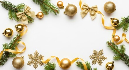 Christmas decorations frame a white background with gold ornaments, ribbons, snowflakes, bows, and evergreen branches creating a festive border.