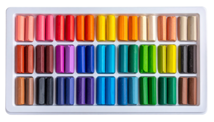 A rectangular, white tray holding rows of colorful, cylindrical art pastels