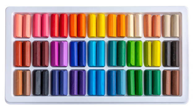 A rectangular, white tray holding rows of colorful, cylindrical art pastels - Powered by Adobe