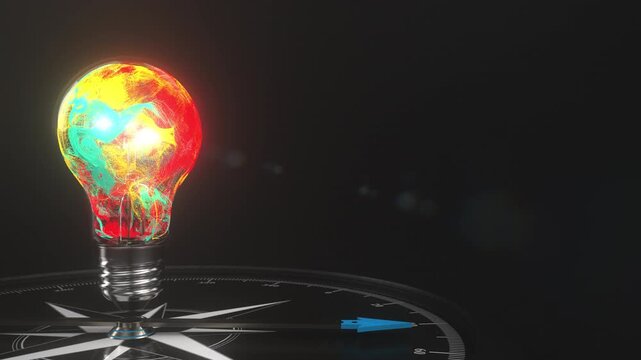 4k Video Black Compass Colorful Light Bulb - Science Concept. ProRes 4444.