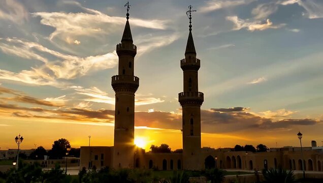 Silhouetted mosque minarets at sunset with warm golden sky and orange clouds
