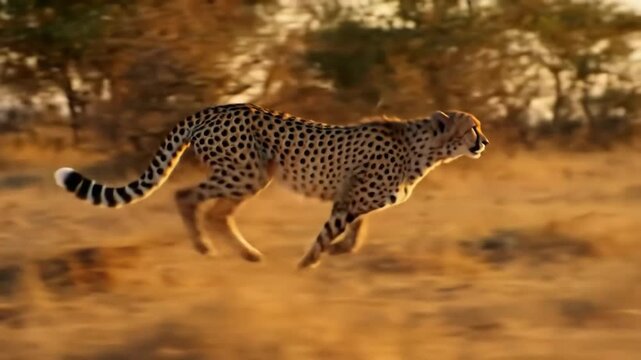 Cheetah sprints across African savannah at sunset; can be used for wildlife photography