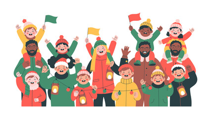 Festive Winter Gathering: A group of diverse people revels in the winter spirit, bundled in warm attire, children perched on shoulders waving flags.