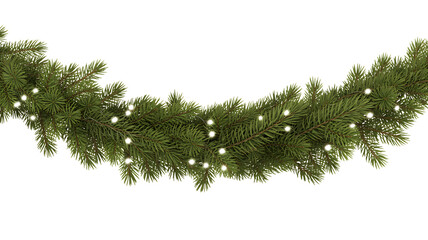 Festive green fir garland with warm white fairy lights on a black background