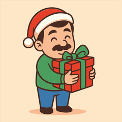 Happy man with a mustache in a Santa hat holding a Christmas gift, a cute cartoon character flat vector logo illustration design 82.eps