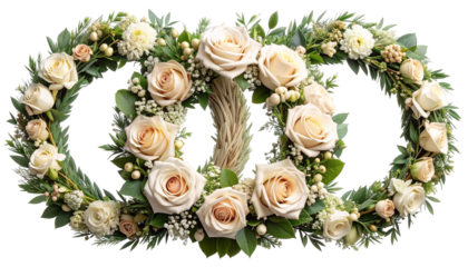 Two intertwined floral wreaths with light roses and greenery