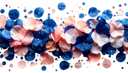 Abstract composition of blue, pink, and gold circular shapes against a black background
