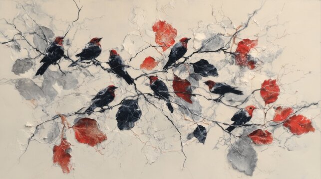 abstract painting black birds red leaves