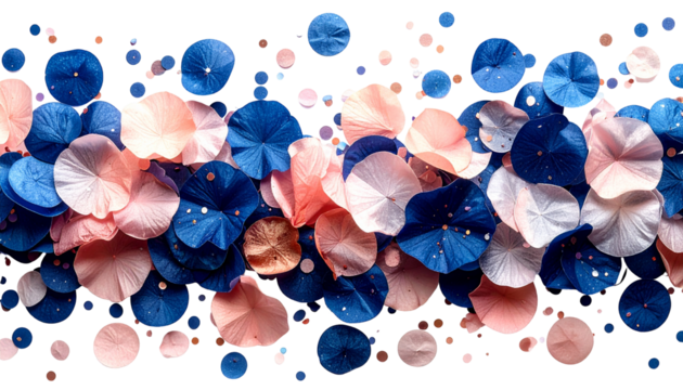 Abstract composition of blue, pink, and gold circular shapes against a black background