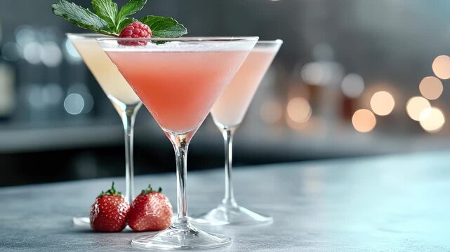 A celebratory video showcasing three delicious cocktails garnished with mint and a raspberry. Two ripe strawberries rest near the drinks. Bokeh lights add to the festive mood in the background