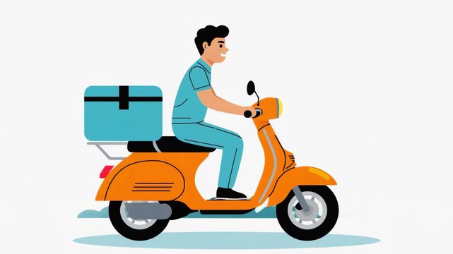 2D Animation of a Courier Riding a Scooter for a Fast Delivery Service. Man with a Package Box Represents E-commerce, Shipping, and Logistics.