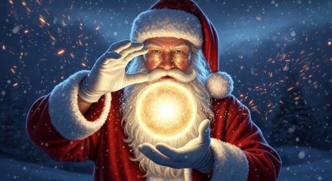 A mystical Santa Claus gazes into a radiant, glowing sphere of magic on a snowy Christmas Eve.