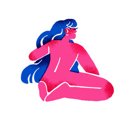 Abstract naked girl with long hair sits back view. Behind of cute young woman with nude body. Self love, acceptance and harmony. Flat isolated hand drawn vector illustration on white background